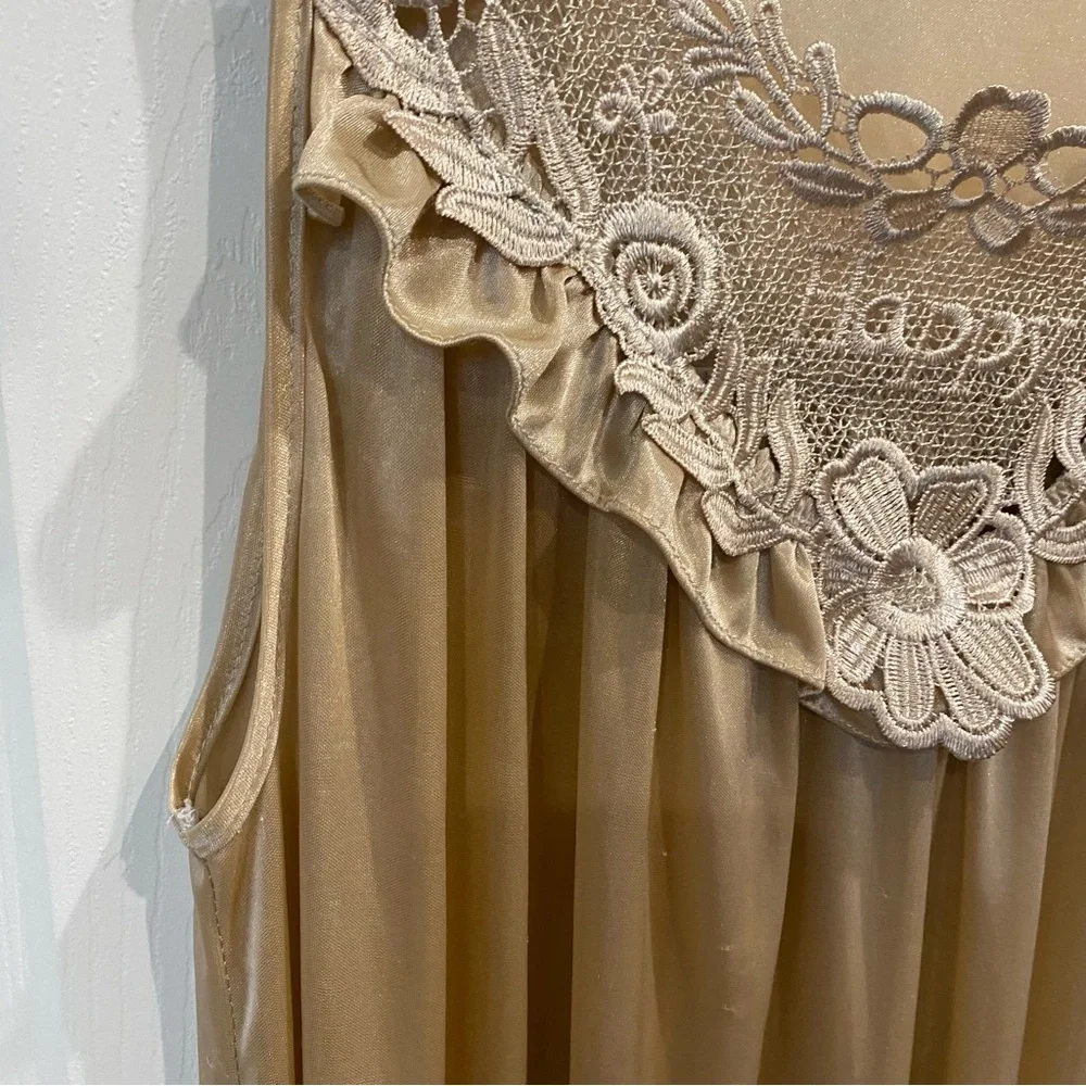 Vintage Long Champagne Satin Nightgown Embroidered Floral Appliqué Top “Happy” - Picture 9 of 17